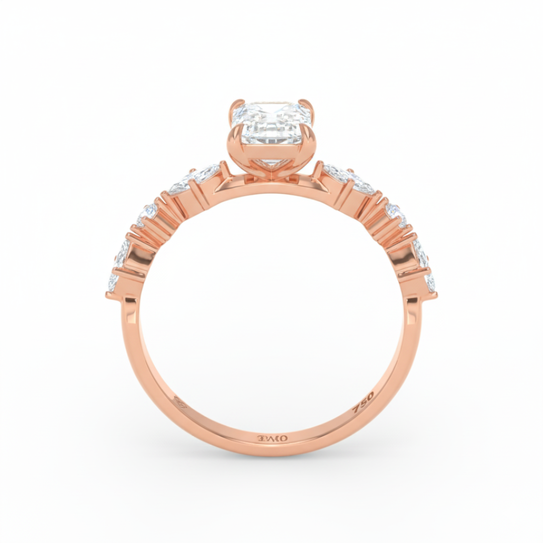 Elizabeth Emerald Cut Diamond Engagement Ring With A Marquise and Round Cut Diamond Band