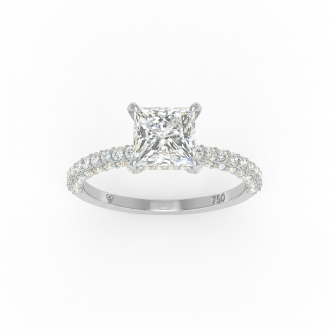 Bague de fiançailles Mia en diamant taille princesse avec halo de diamants cachés et anneau en diamant 3D