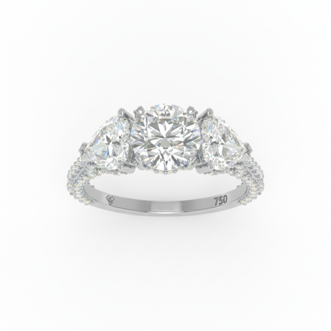 Victoria Round Brilliant Cut Diamond Engagement Ring with Heart Cut Side Diamonds and 3D Diamond Band