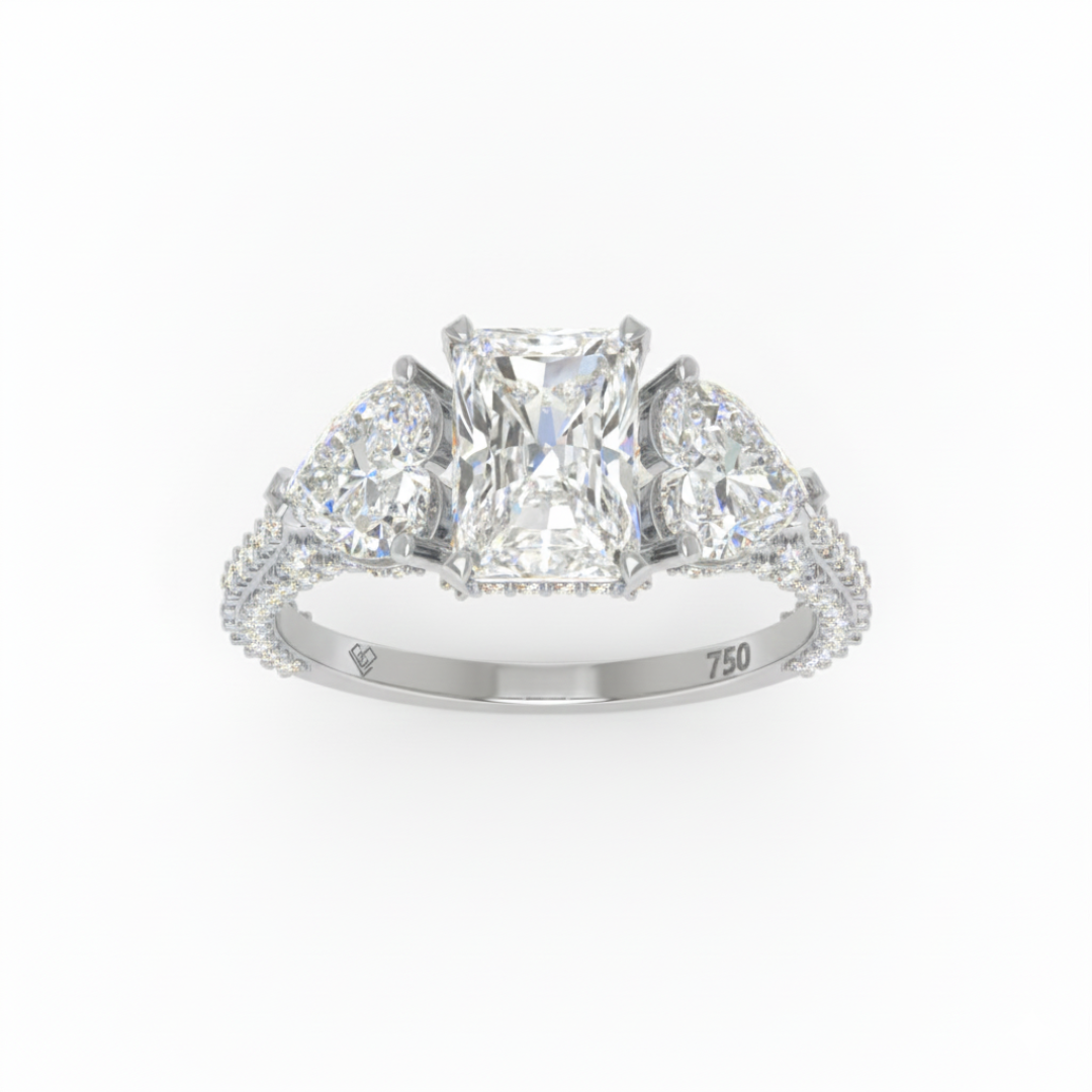 Victoria Radiant Cut Diamond Engagement Ring with Heart Cut Side Diamonds and 3D Diamond Band