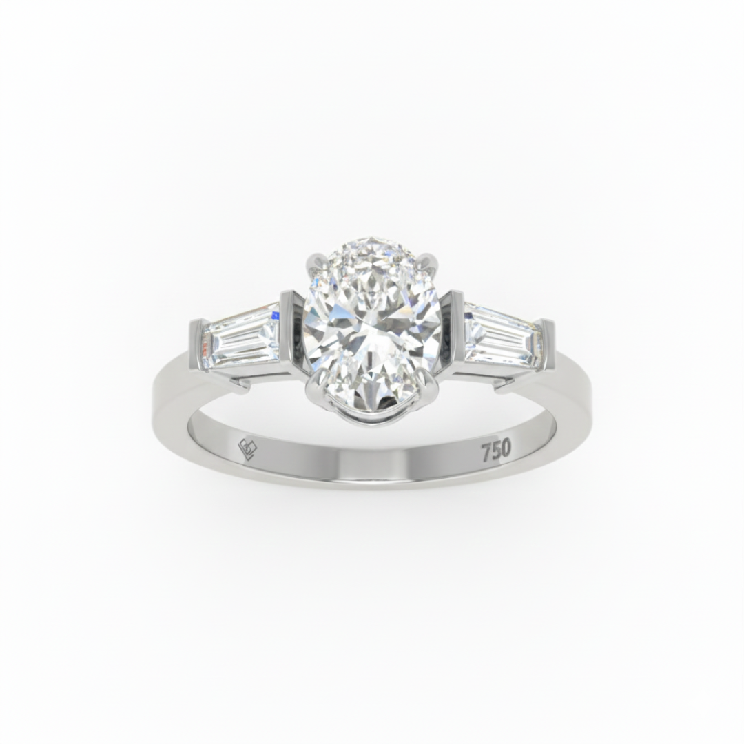 Mary Oval Cut Diamond Engagement Ring With Tapering Baguettes Cut Side Diamond