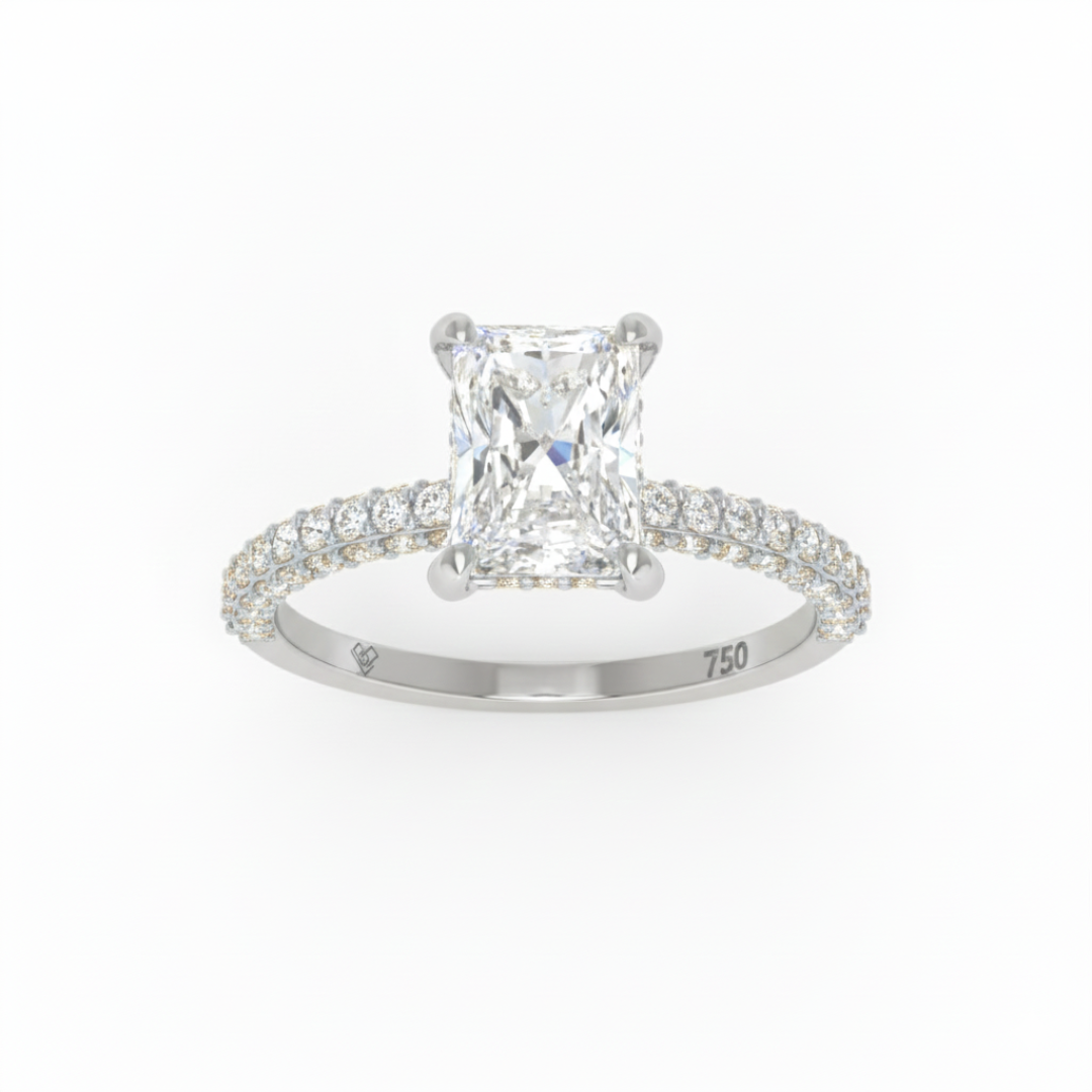 Bague de fiançailles Mia en diamant taille radiant avec halo de diamants cachés et anneau en diamant 3D