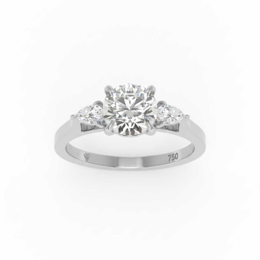 Bague de fiançailles Sofia en diamant rond taille brillant avec diamants latéraux taille poire