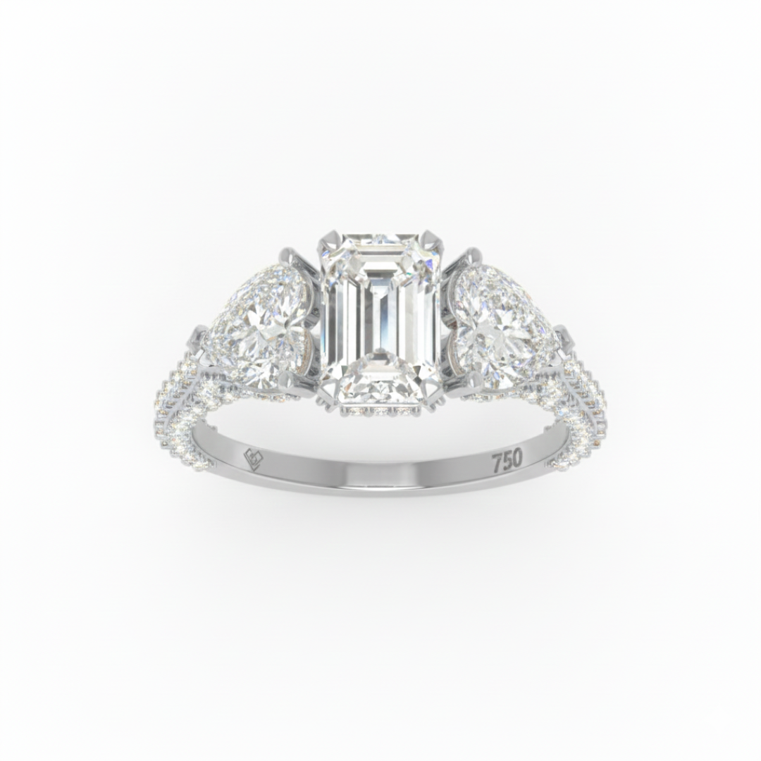 Victoria Emerald Cut Diamond Engagement Ring with Heart Cut Side Diamonds and 3D Diamond Band