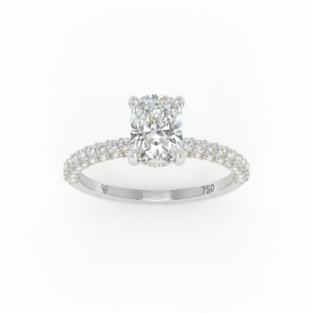 Mia Cushion Cut Diamond Engagement Ring with Diamond Hidden Halo and 3D Diamond Band