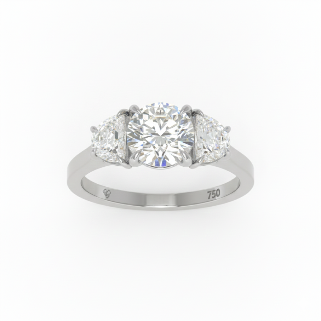 Kamala Round Brilliant Cut Diamond Engagement Ring With Half Moon Cut Side Diamond