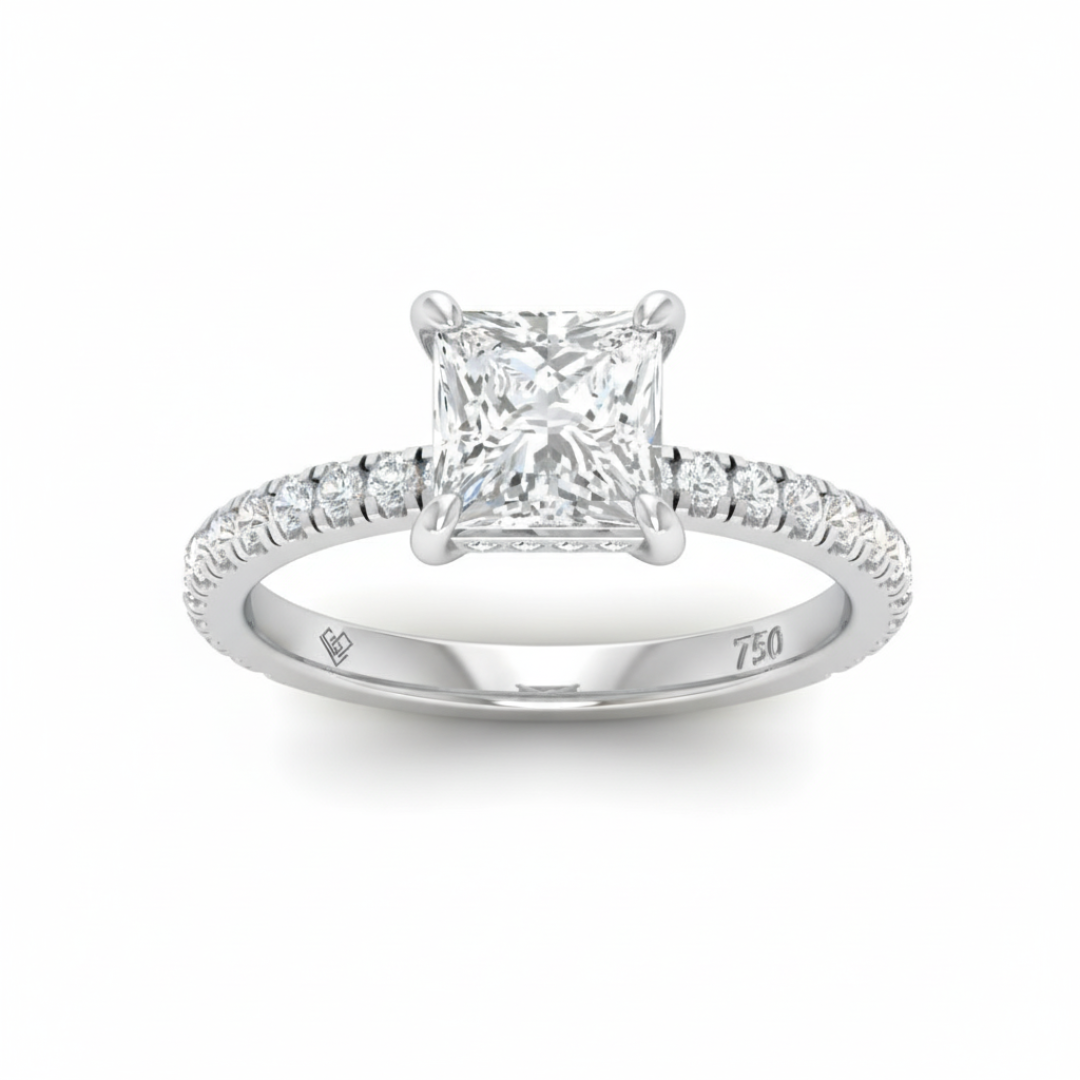 Chloé Princess Cut Diamond Engagement Ring with Diamond Hidden Halo and Diamond Band