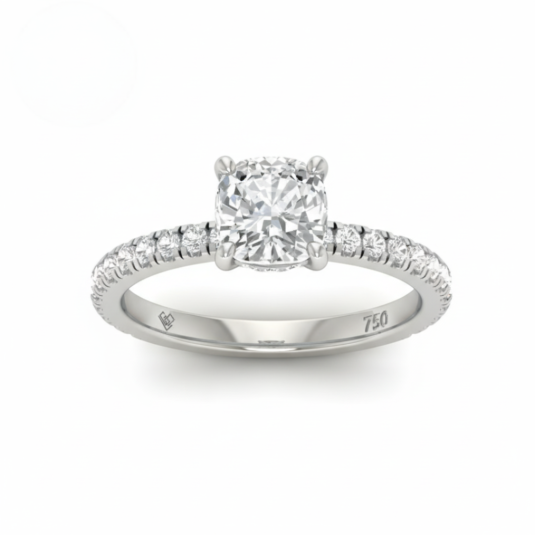 Chloé Cushion Cut Diamond Engagement Ring with Diamond Hidden Halo and Diamond Band