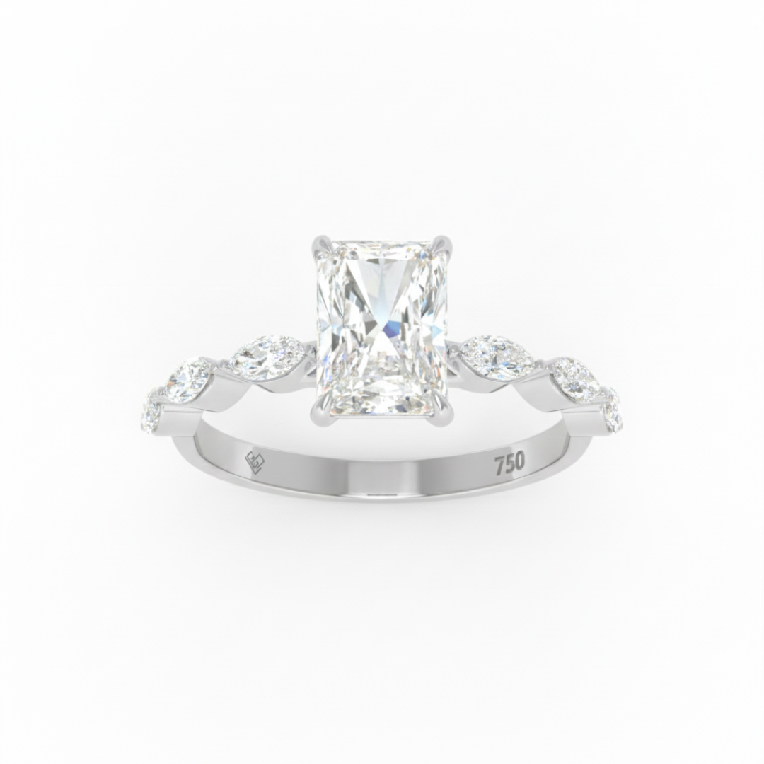 Kasandra Radiant Cut Diamond Engagement Ring With A Marquise Cut Diamond Band