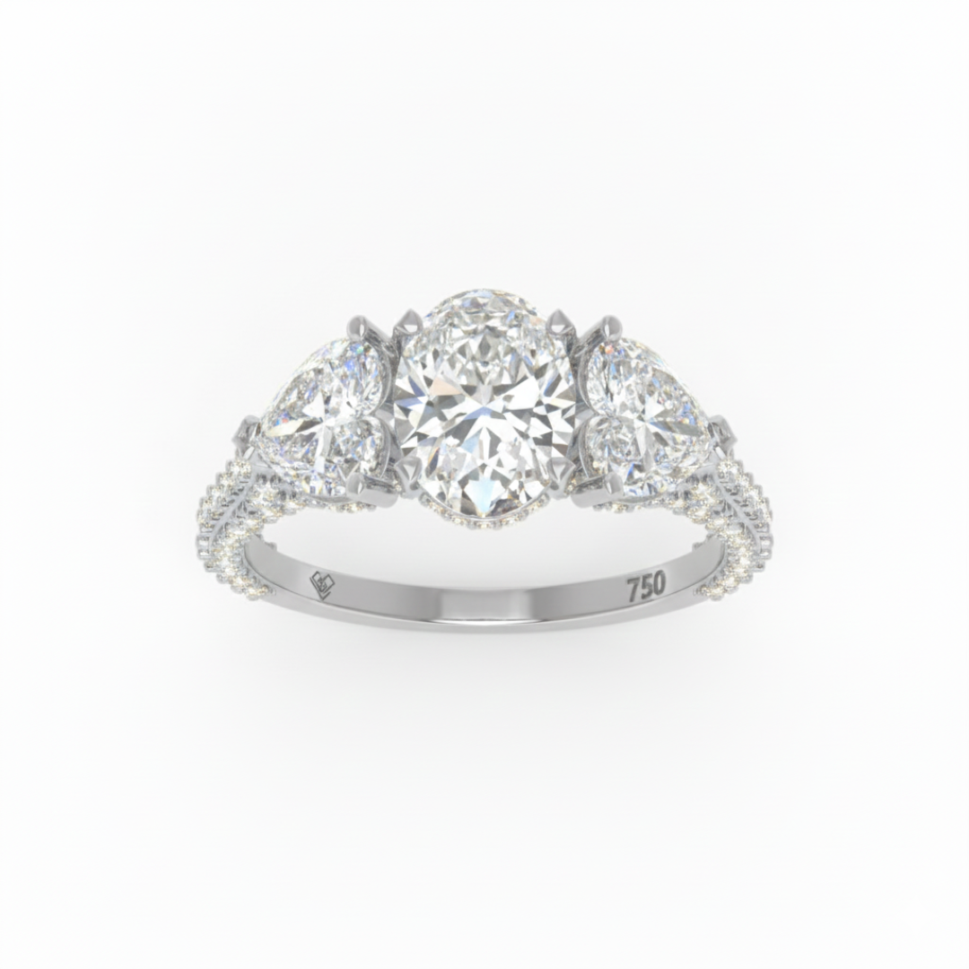 Victoria Oval Cut Diamond Engagement Ring with Heart Cut Side Diamonds and 3D Diamond Band
