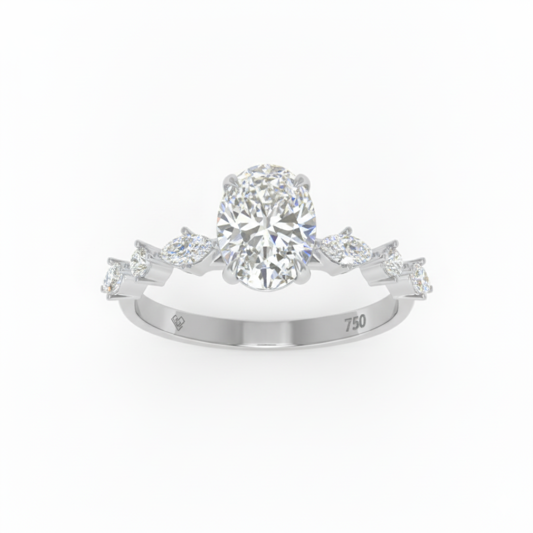 Elizabeth Oval Cut Diamond Engagement Ring With A Marquise And Round Cut Diamond Band.