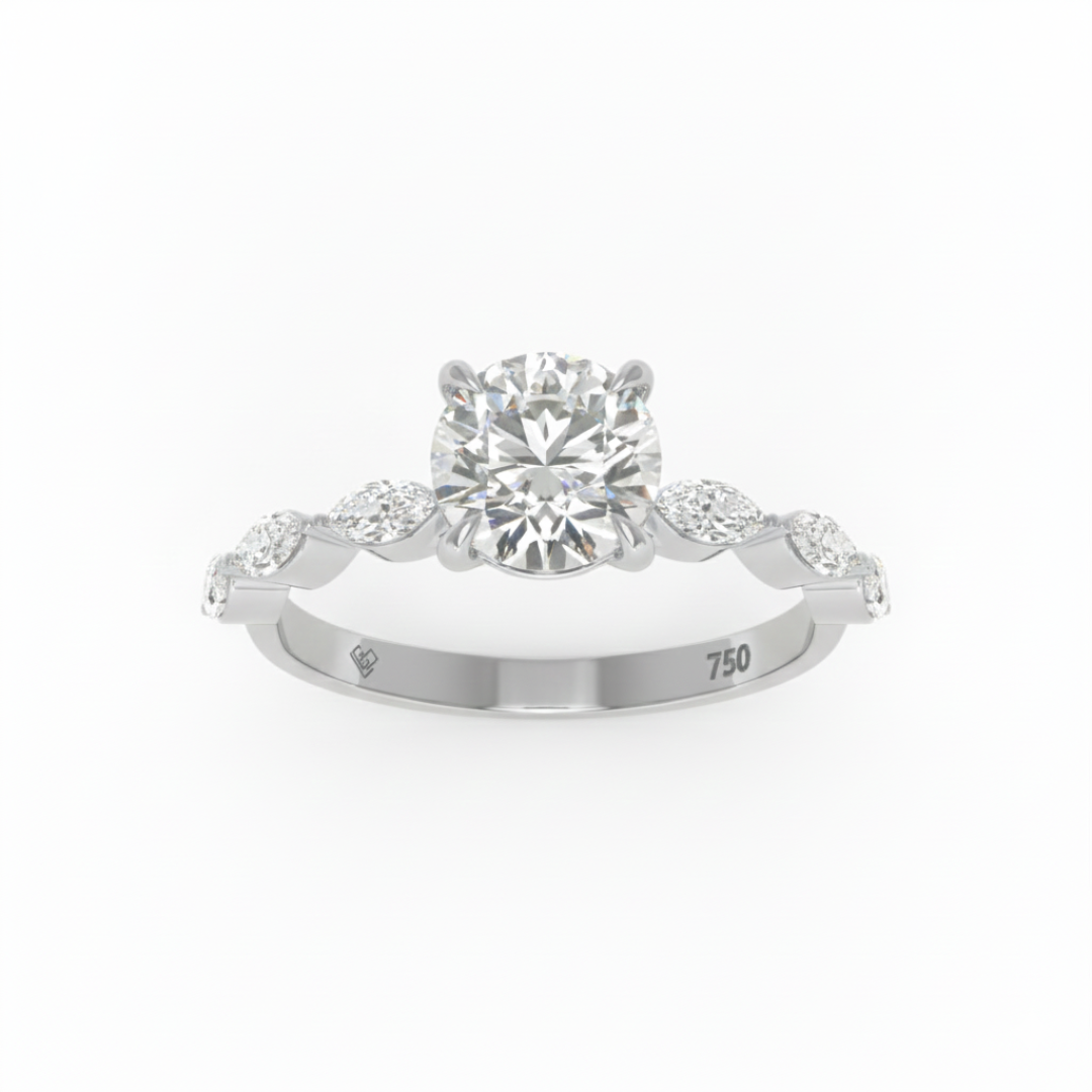 Kasandra Round Brilliant Cut Diamond Engagement Ring With A Marquise Cut Diamond Band