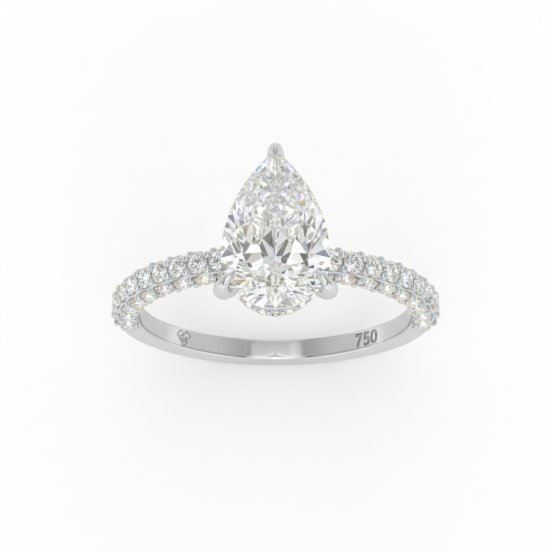 Bague de fiançailles Mia en diamant taille poire avec halo de diamants cachés et anneau en diamant 3D