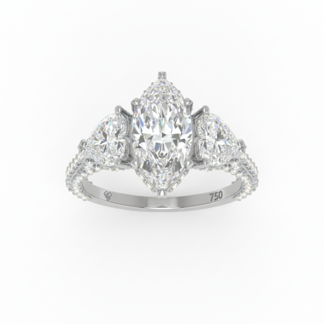 Victoria Marquise Cut Diamond Engagement Ring with Heart Cut Side Diamonds and 3D Diamond Band