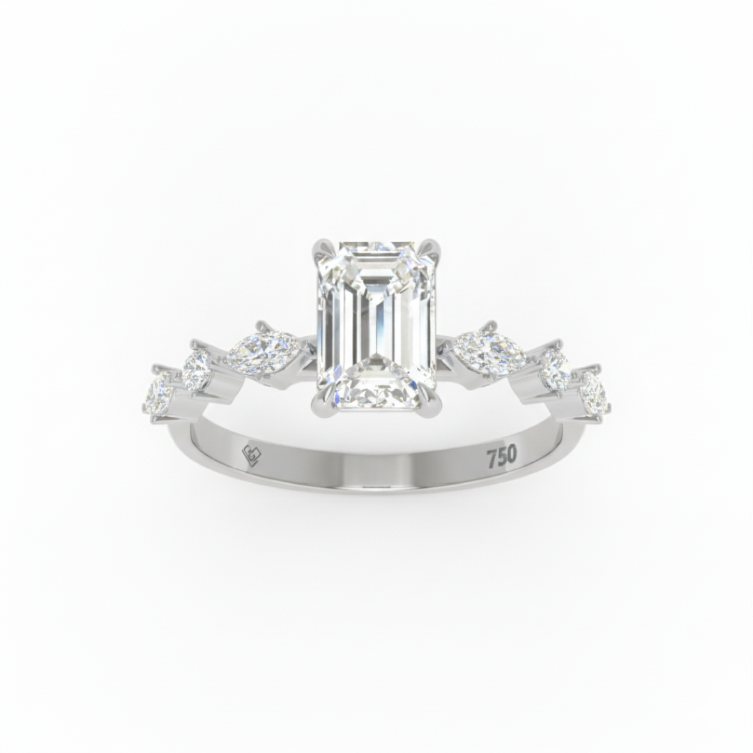 Elizabeth Emerald Cut Diamond Engagement Ring With A Marquise and Round Cut Diamond Band