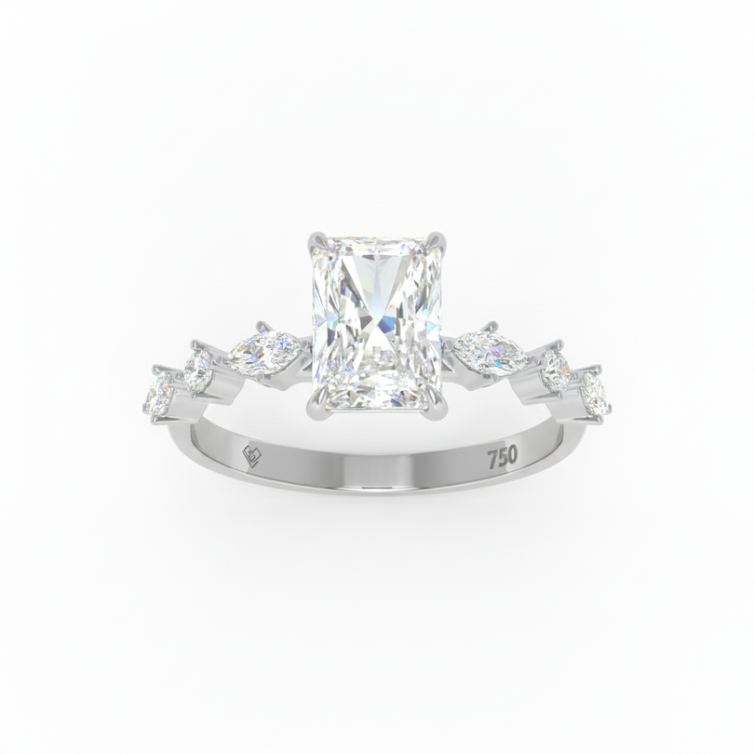 Elizabeth Radiant Cut Diamond Engagement Ring With A Marquise And Round Cut Diamond Band