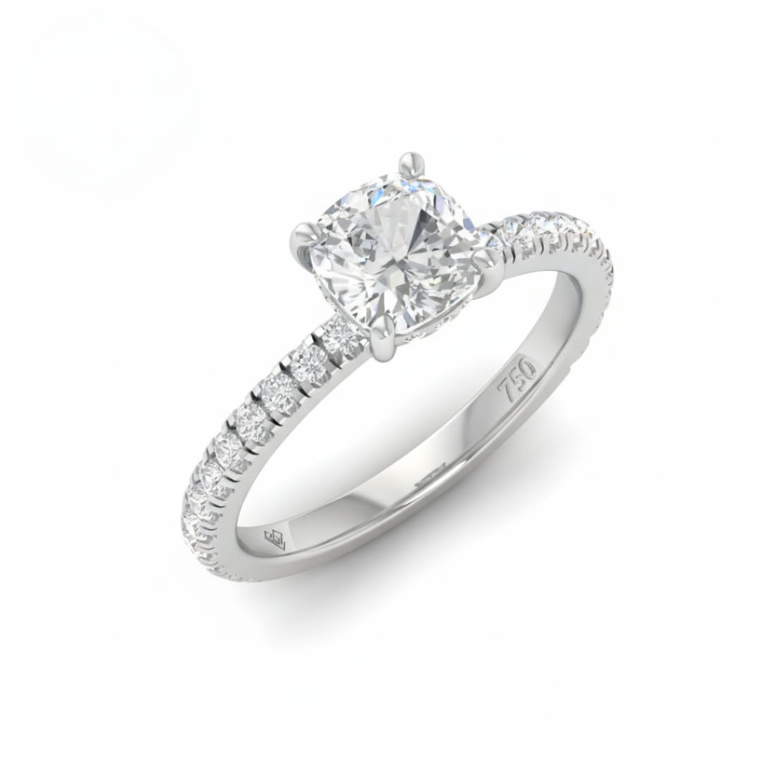 Chloé Cushion Cut Diamond Engagement Ring with Diamond Hidden Halo and Diamond Band