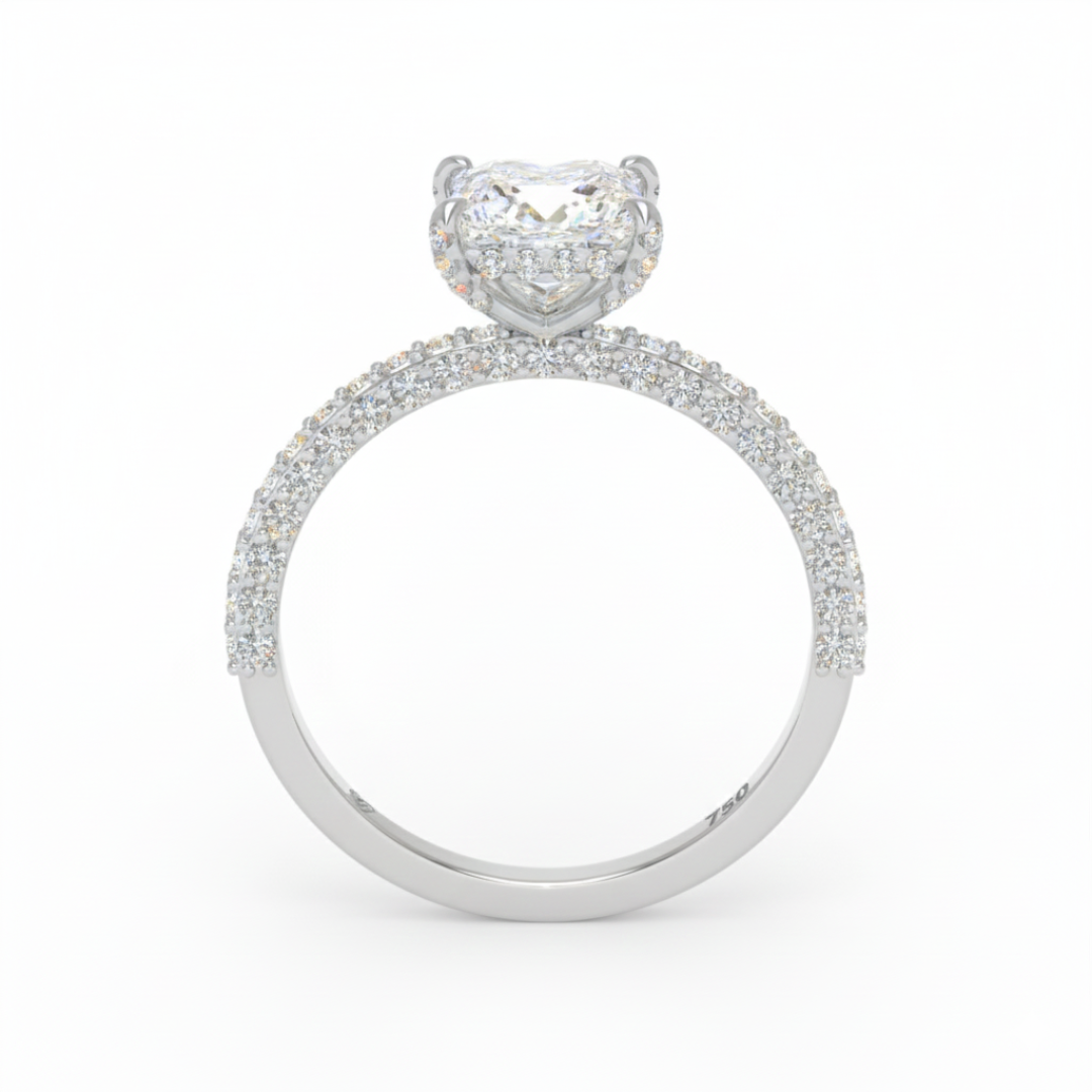 Bague de fiançailles Mia en diamant taille princesse avec halo de diamants cachés et anneau en diamant 3D