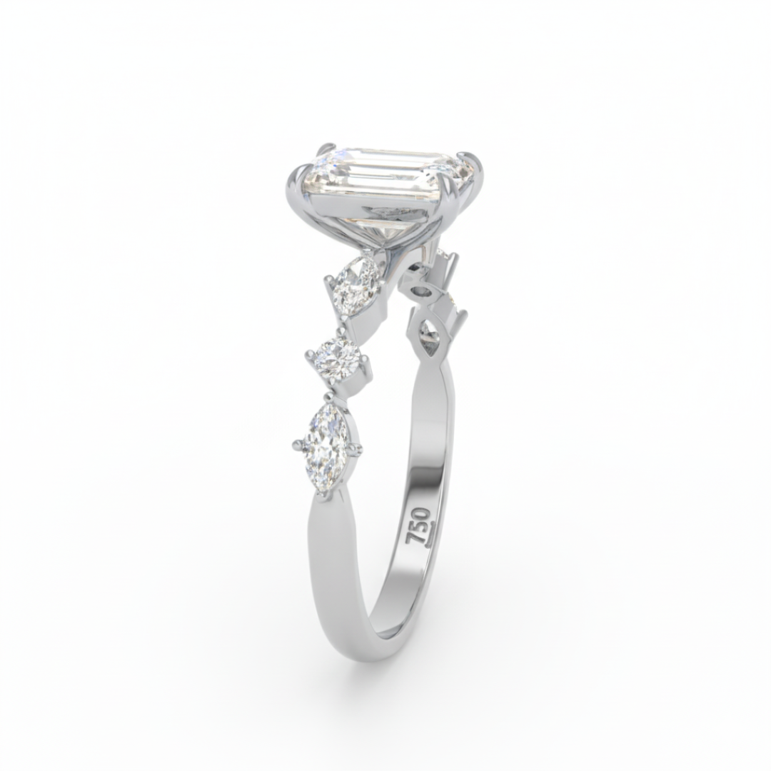 Elizabeth Emerald Cut Diamond Engagement Ring With A Marquise and Round Cut Diamond Band
