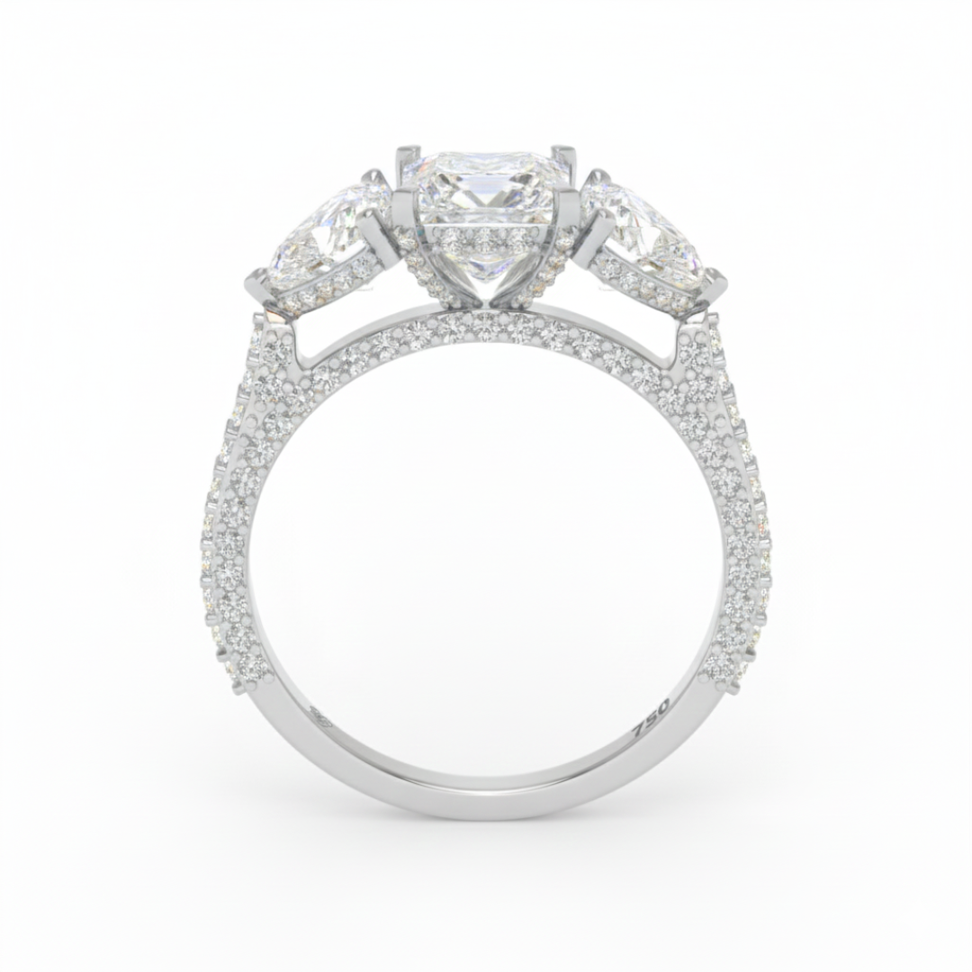 Victoria Princess Cut Diamond Engagement Ring with Heart Cut Side Diamonds and 3D Diamond Band