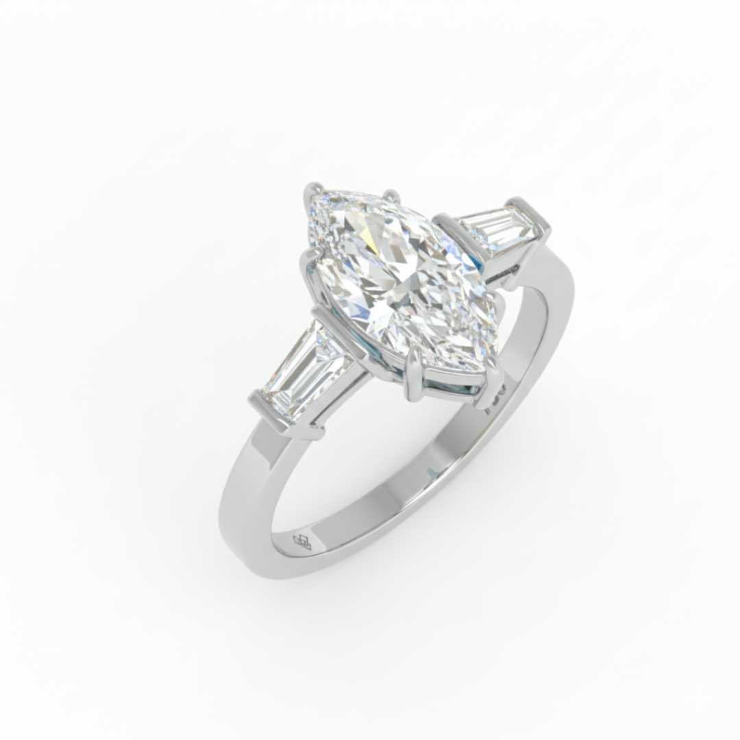 Mary Marquise Cut Diamond Engagement Ring with Tapering Baguette Cut Side Diamonds