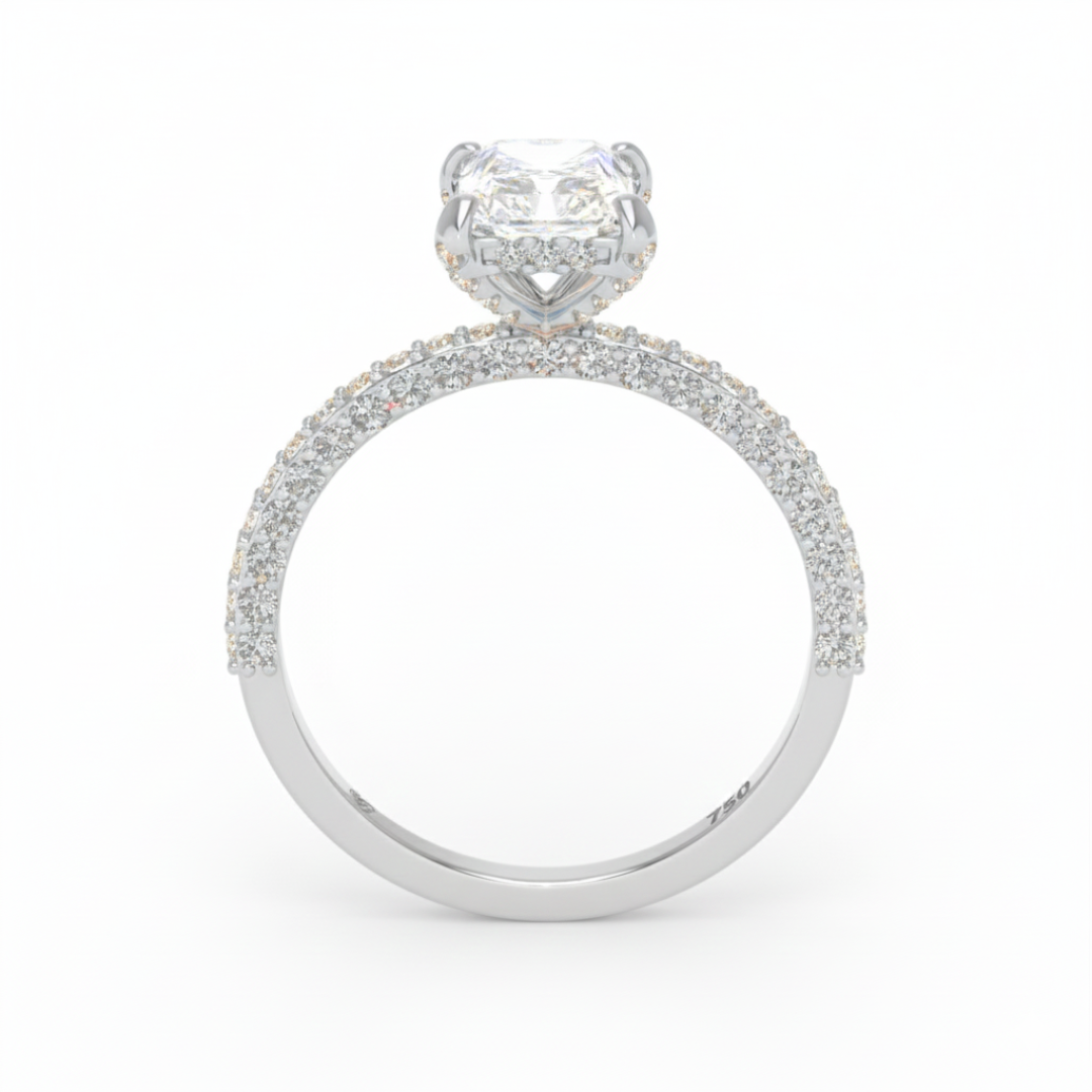 Bague de fiançailles Mia en diamant taille radiant avec halo de diamants cachés et anneau en diamant 3D
