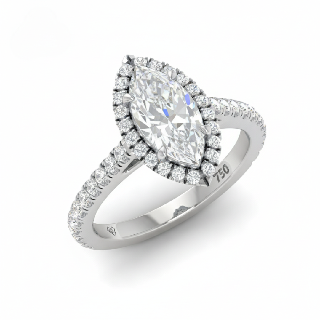 Bella Marquise Cut Diamond Engagement Ring with Diamond Halo & Diamond Band
