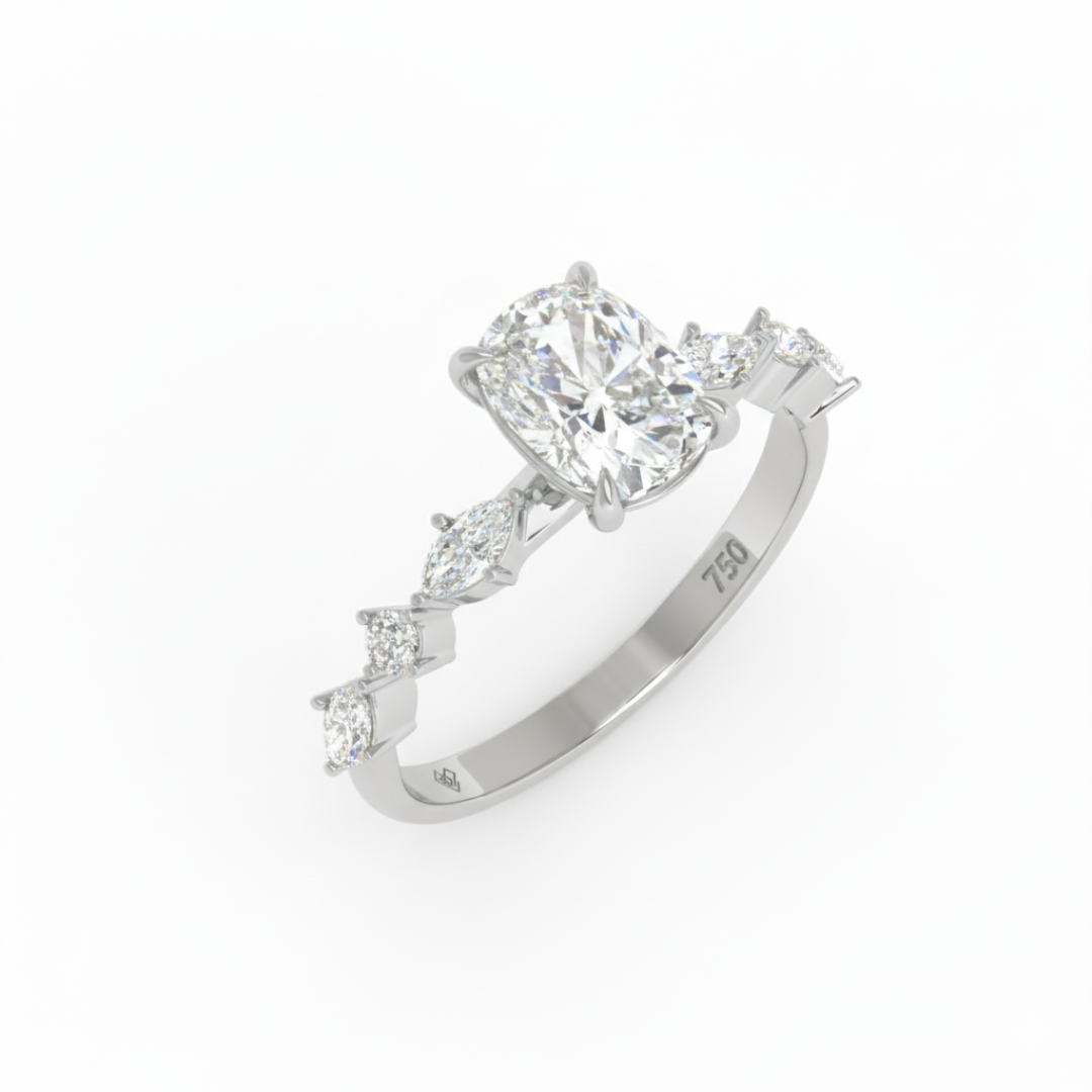 Elizabeth Cushion Diamond Engagement Ring With A Marquise and Round Cut Diamond Band