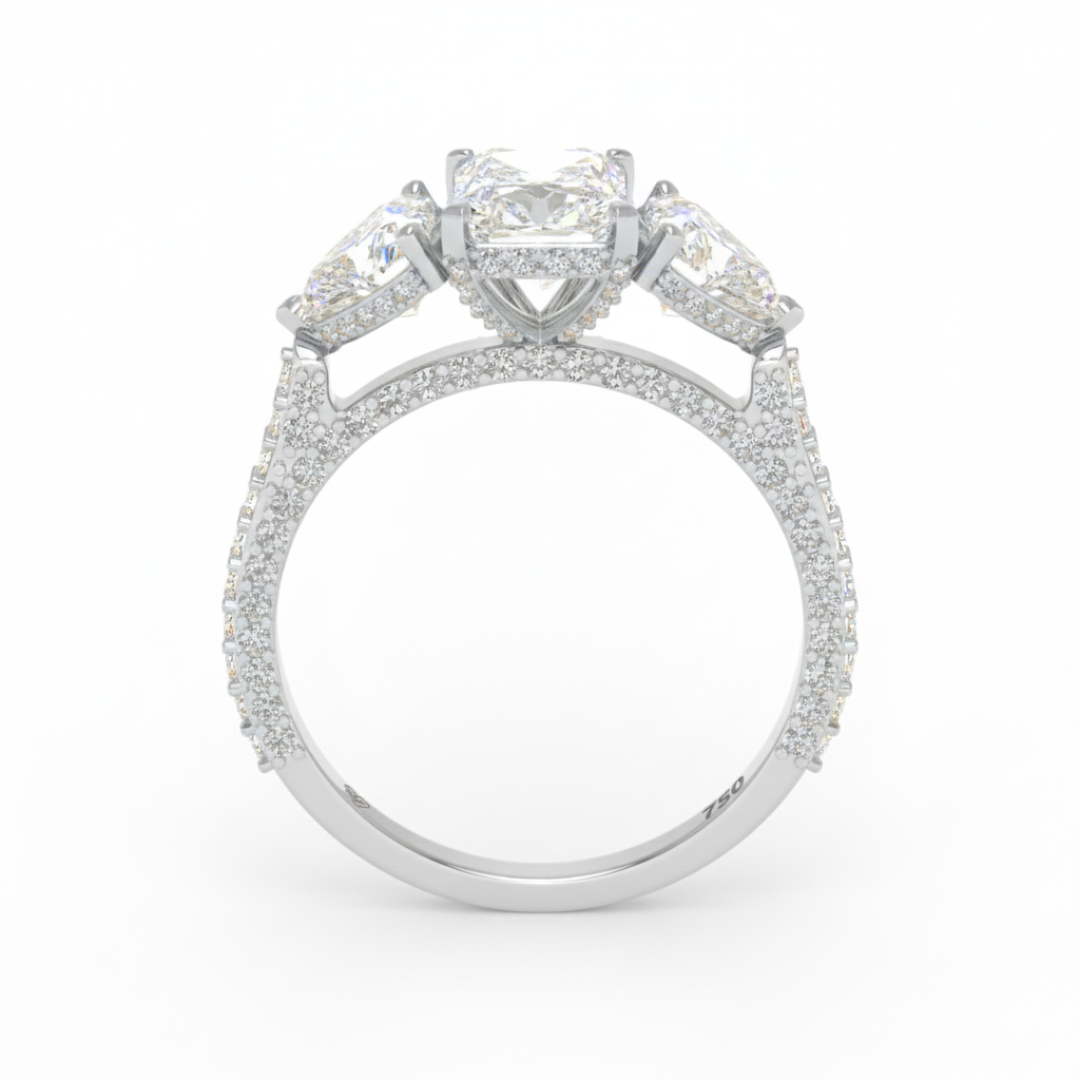Victoria Radiant Cut Diamond Engagement Ring with Heart Cut Side Diamonds and 3D Diamond Band