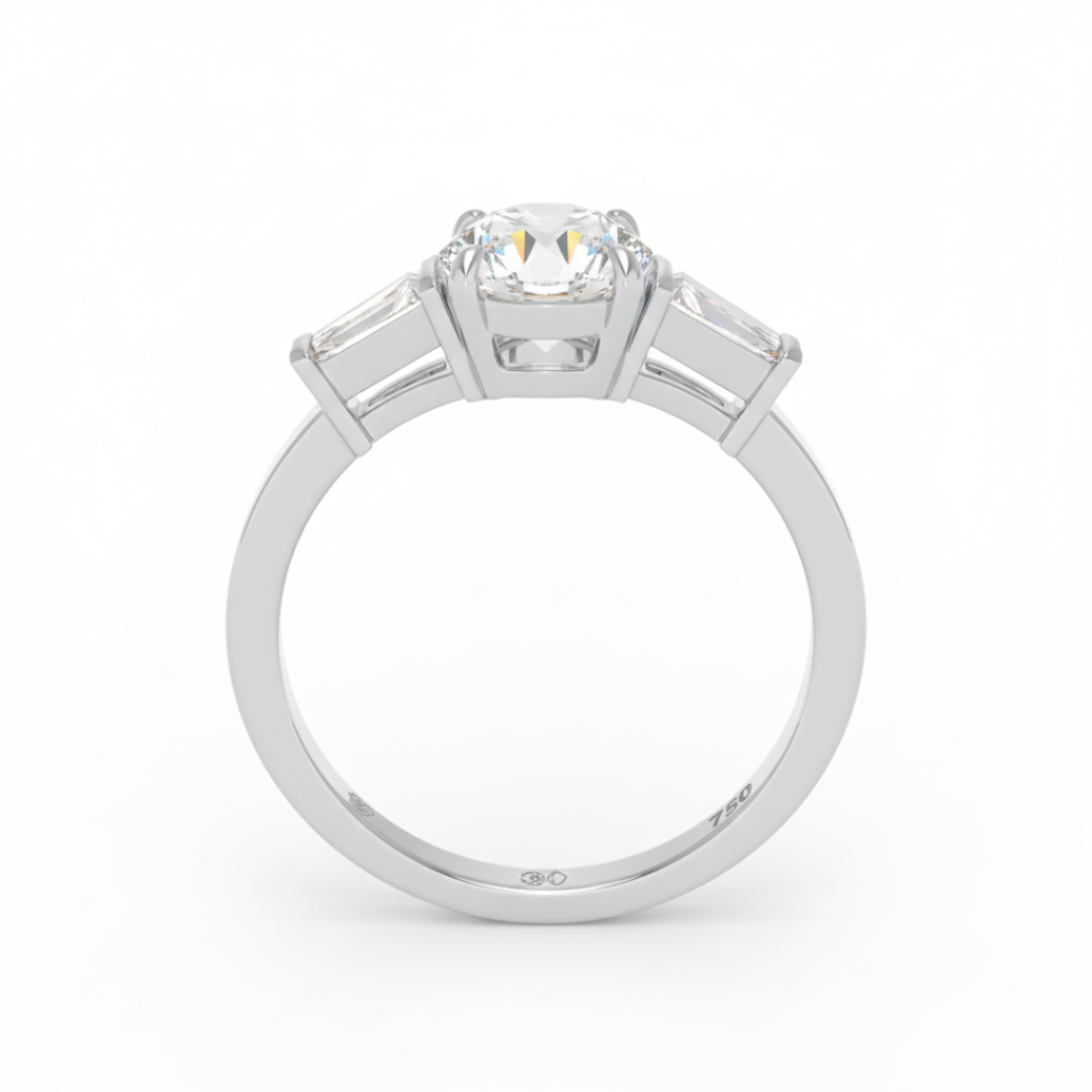 Mary Round Brilliant Cut Diamond Engagement Ring With Tapering Baguette Cut Side Diamond