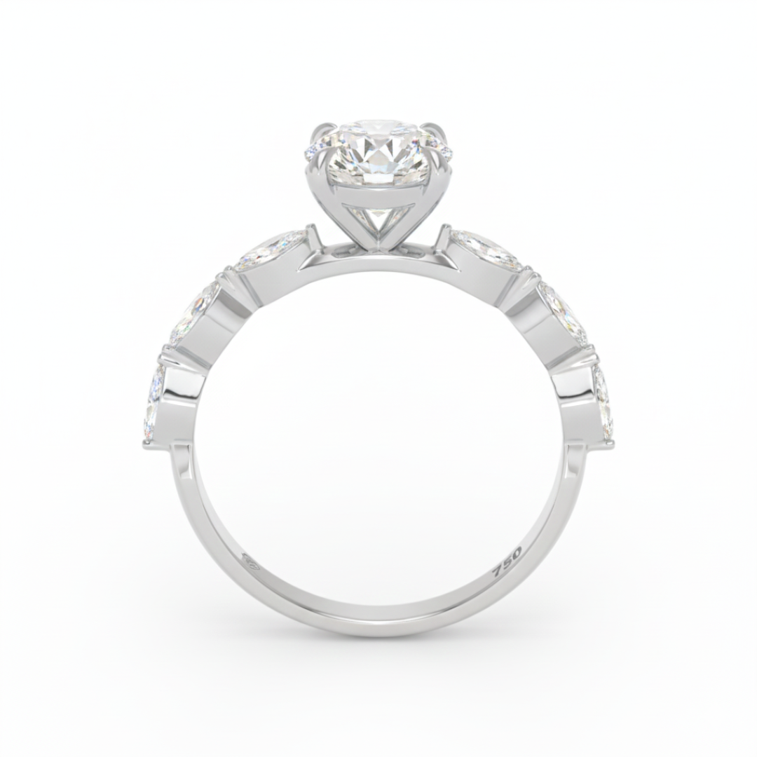 Kasandra Round Brilliant Cut Diamond Engagement Ring With A Marquise Cut Diamond Band