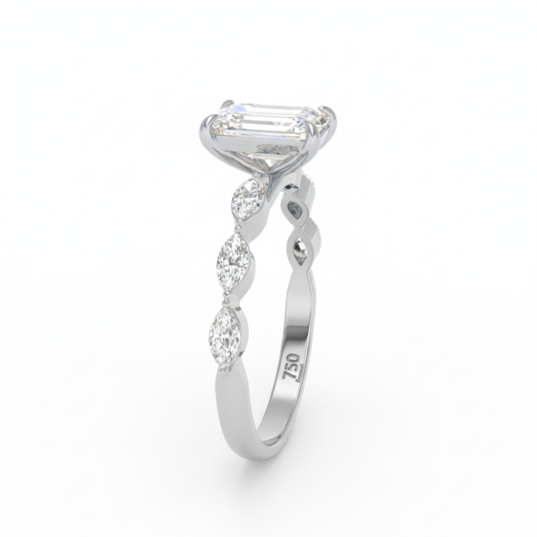 卡桑德拉祖母綠切割鑽石訂婚戒指，搭配馬眼形切割鑽石戒圈