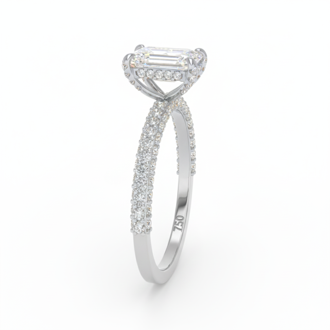 Mia Emerald Cut Diamond Engagement Ring with Diamond Hidden Halo and 3D Diamond Band
