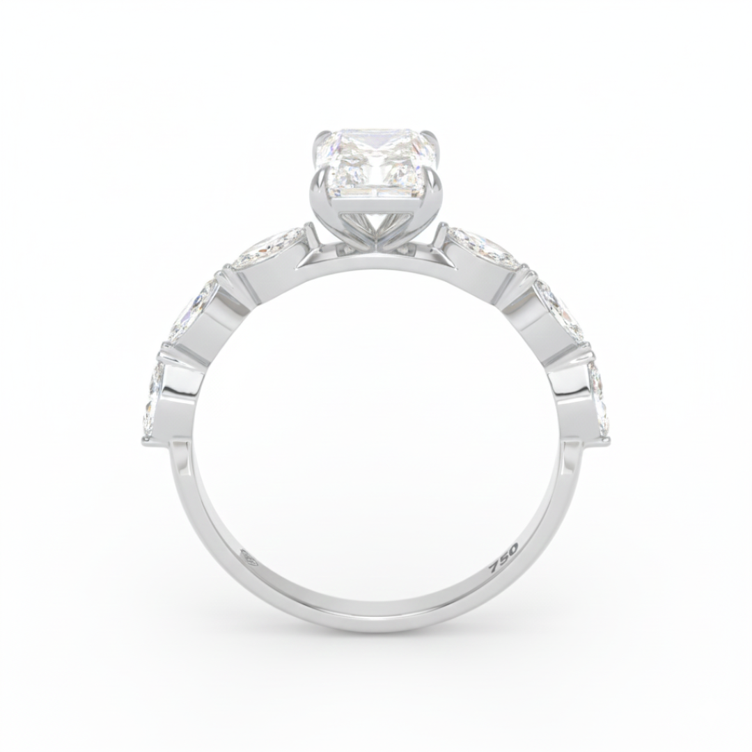 Kasandra Radiant Cut Diamond Engagement Ring With A Marquise Cut Diamond Band