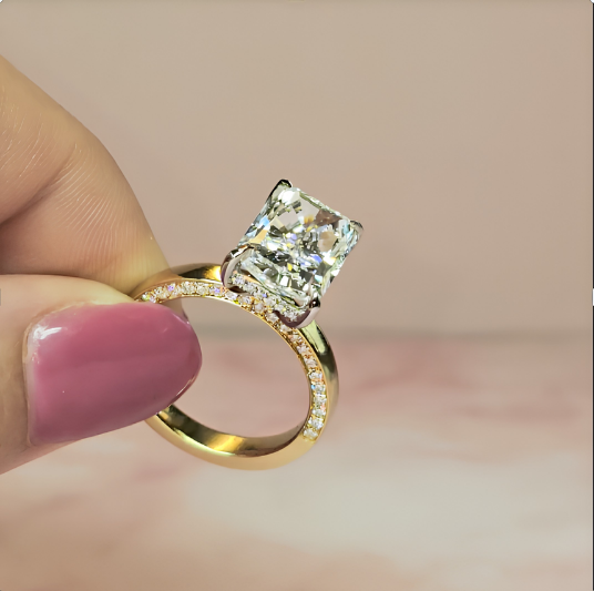 Celeste Radiant cut Lab Diamond with Cigar band and half set Diamond sides & hidden halo