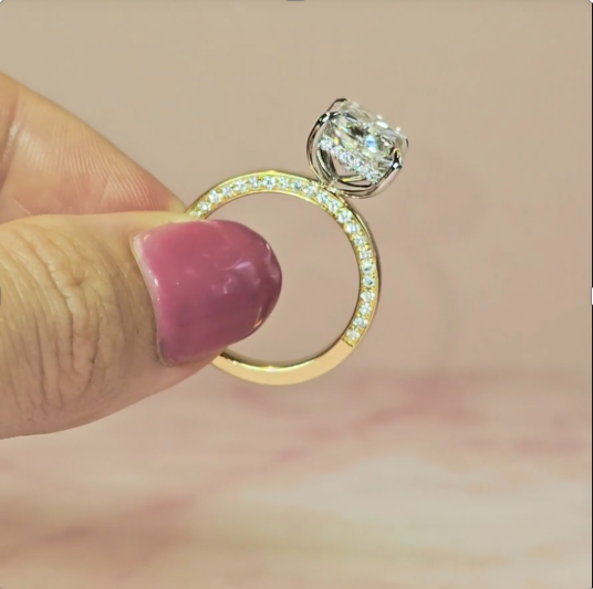 Celeste Radiant cut Lab Diamond with Cigar band and half set Diamond sides & hidden halo