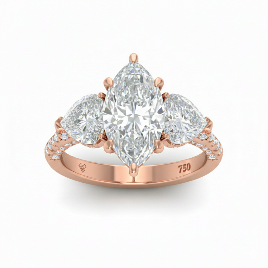 Victoria Marquise Cut Diamond Engagement Ring with Heart Cut Side Diamonds and 3D Diamond Band