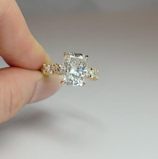 Juliette Cushion Lab-Grown Diamond Engagement Ring featuring a Half-Set Diamond Band, Hidden Halo, and Pavé U-Shaped Prong Setting