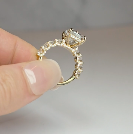 Juliette Cushion Lab-Grown Diamond Engagement Ring featuring a Half-Set Diamond Band, Hidden Halo, and Pavé U-Shaped Prong Setting