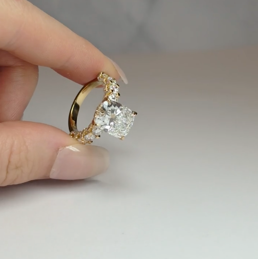 Juliette Cushion Lab-Grown Diamond Engagement Ring featuring a Half-Set Diamond Band, Hidden Halo, and Pavé U-Shaped Prong Setting