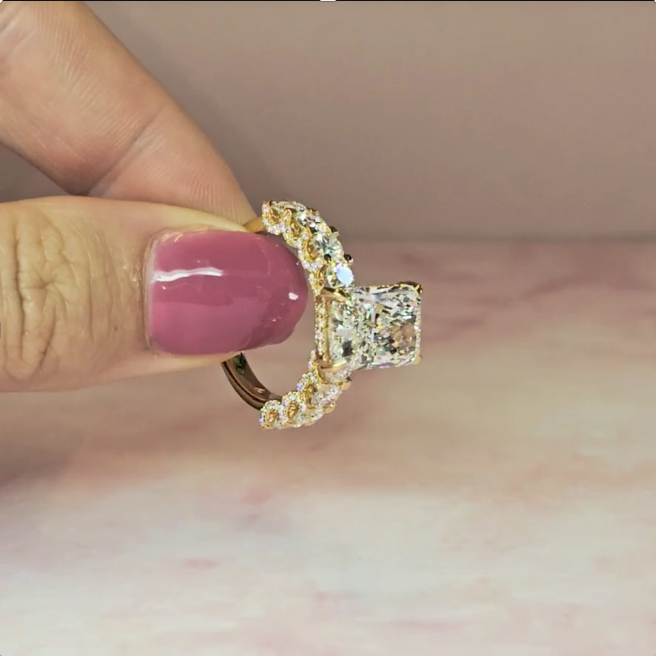 Juliette Radiant Lab-Grown Diamond Engagement Ring featuring a Half-Set Diamond Band, Hidden Halo, and Pavé U-Shaped Prong Setting