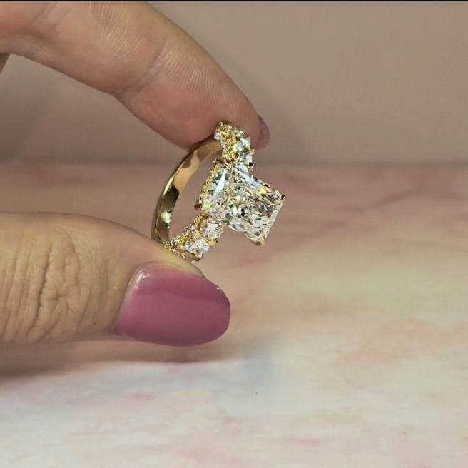 Juliette Radiant Lab-Grown Diamond Engagement Ring featuring a Half-Set Diamond Band, Hidden Halo, and Pavé U-Shaped Prong Setting