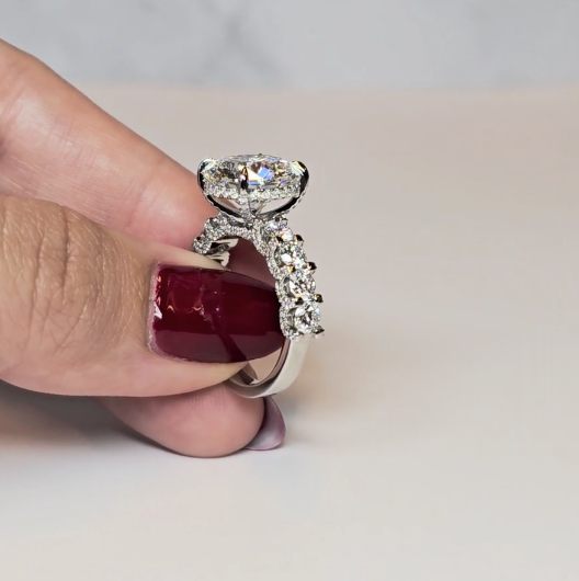 Juliette Round Lab-Grown Diamond Engagement Ring featuring a Half-Set Diamond Band, Hidden Halo, and Pavé U-Shaped Prong Setting