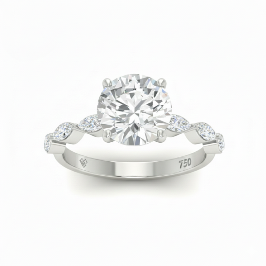 Kasandra Round Brilliant Cut Diamond Engagement Ring With A Marquise Cut Diamond Band