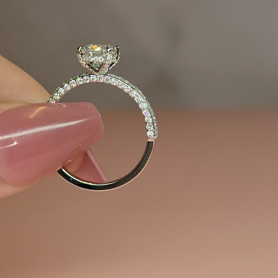 Mia Oval Cut Diamond Engagement Ring With Diamond Hidden Halo And 3D Diamond Band