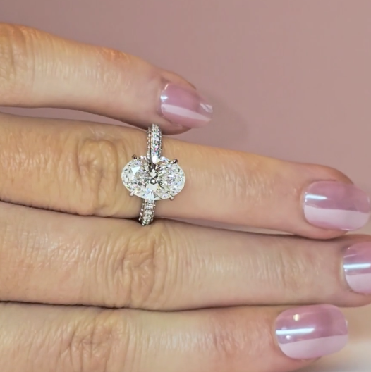 Mia Oval Cut Diamond Engagement Ring With Diamond Hidden Halo And 3D Diamond Band
