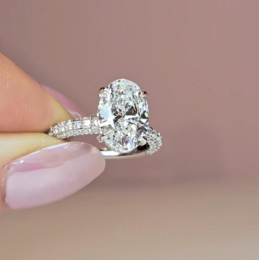 Mia Oval Cut Diamond Engagement Ring With Diamond Hidden Halo And 3D Diamond Band