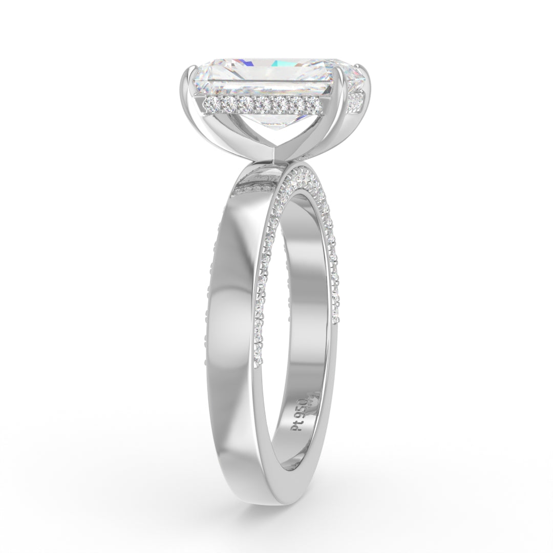 Celeste Radiant cut Lab Diamond with Cigar band and half set Diamond sides & hidden halo