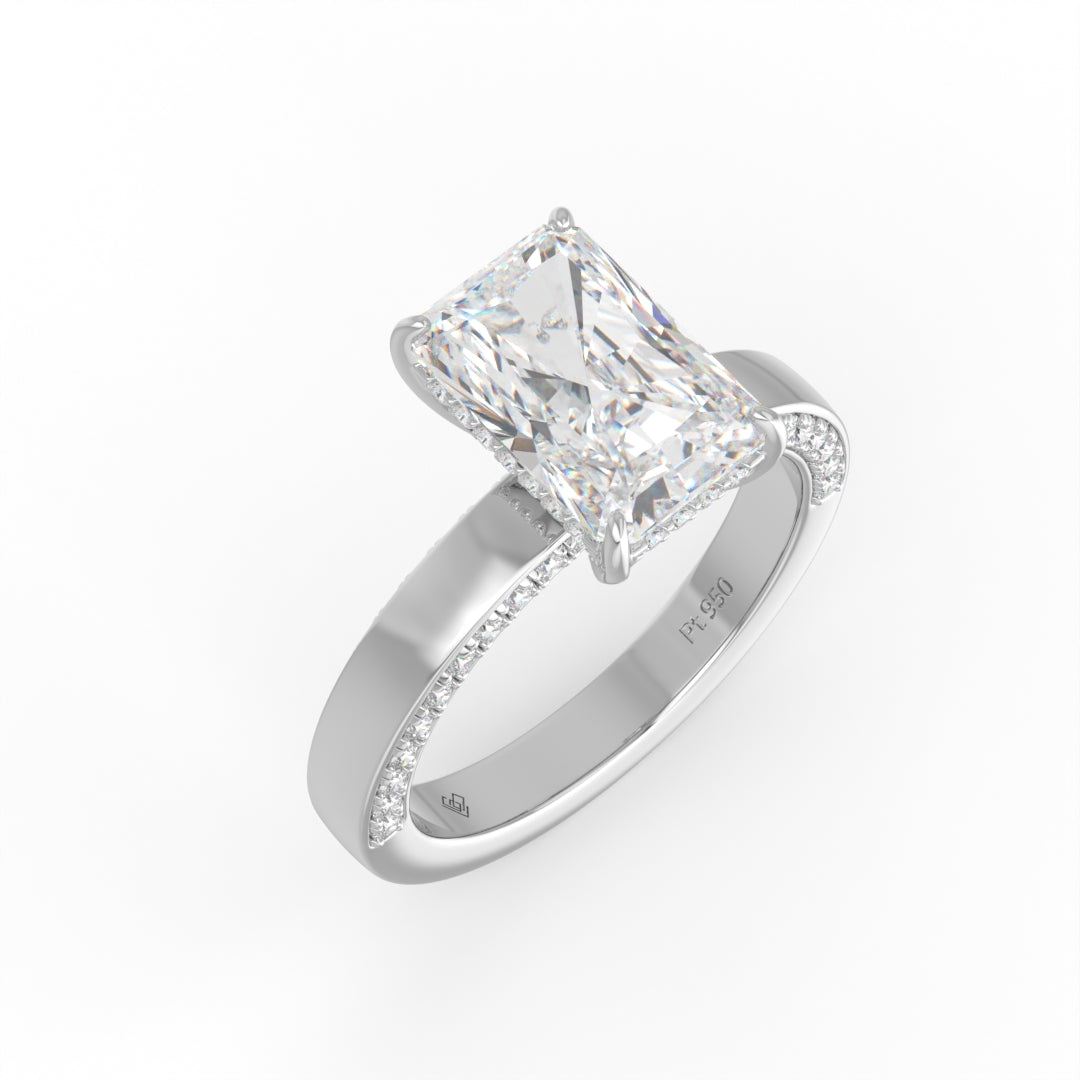 Celeste Radiant cut Lab Diamond with Cigar band and half set Diamond sides & hidden halo