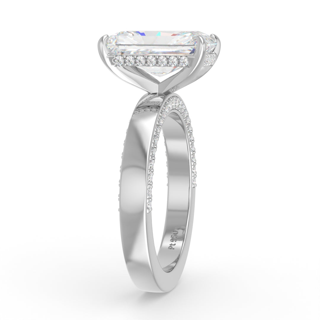Celeste Radiant cut Lab Diamond with Cigar band and half set Diamond sides & hidden halo